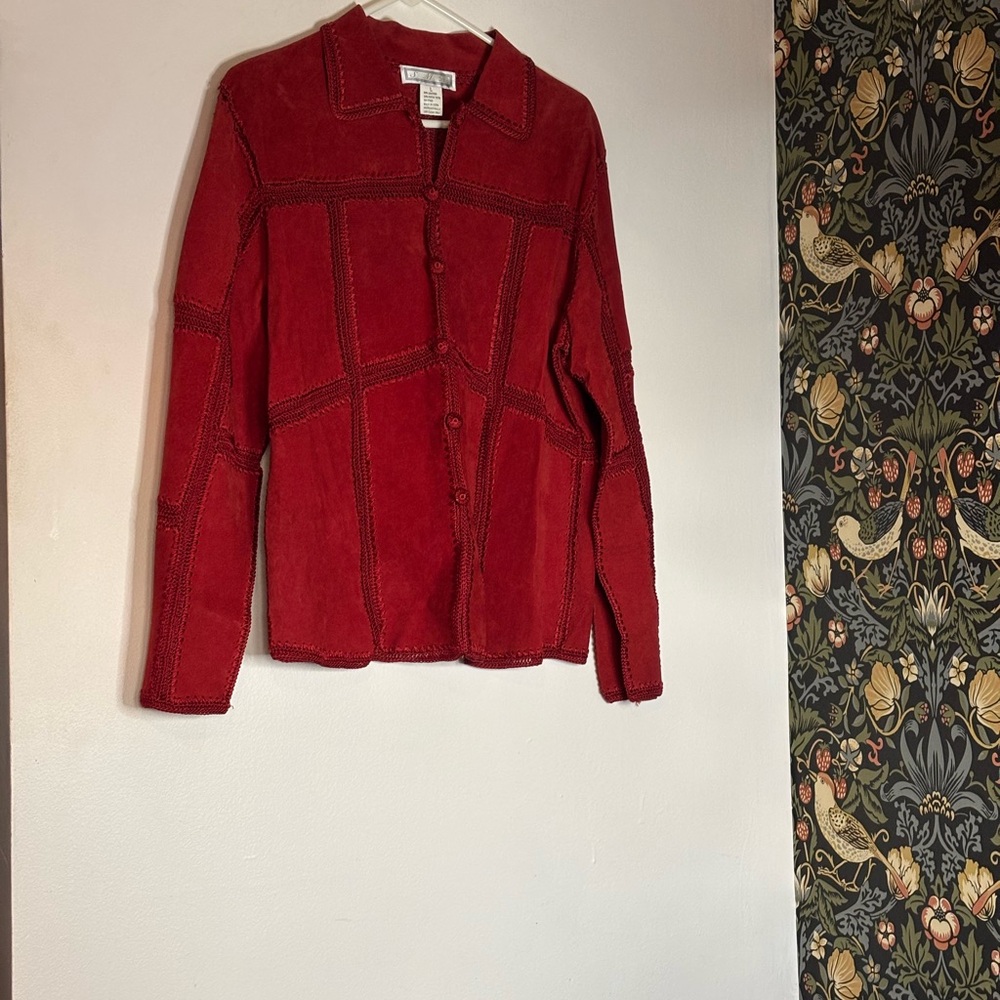 VTG S.M.H. Red real leather patchwork jacket sz L crochet trim boho